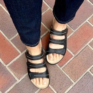 Mephisto Three Strap Slide Sandals Black Leather Low Wedge Velcro Open Toe 42